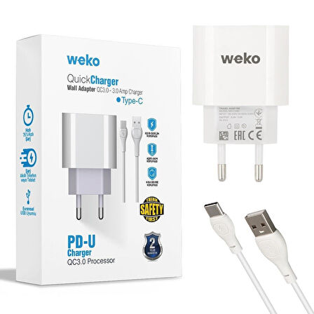 Weko WK-21442 PDU QC 3.0 Amper Telefon Şarj Başlık Adaptörü + Type-C Kablo