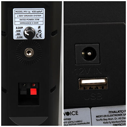 MagicVoice MV-26 2x7.5 CM 50 Watt Komütatörlü Hat Trafolu Siyah Sütun Hoparlör (2'li Takım)
