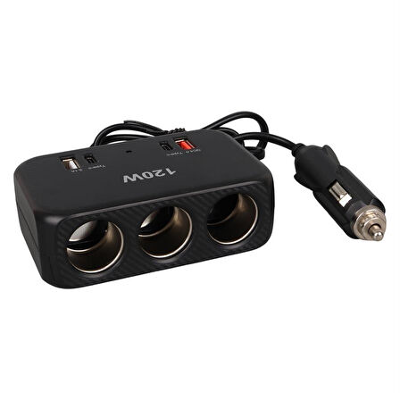 Olesson 1656 12-24V Çift USB + Çift TYPE-C 120W 80cm Kablolu 3'lü Araç Çakmak Çoklayıcı