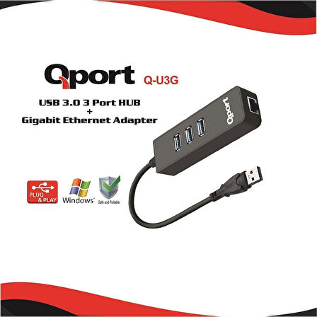 QPORT Q-U3G 10/100/1000 USB3.0 3PORT USB ÇOK+USB ETHERNET