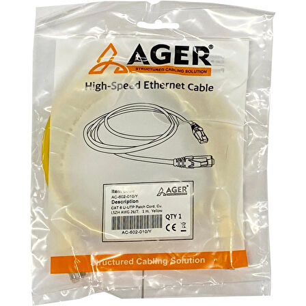 AGER AC-602-010 1MT UTP CAT6 PATCH KABLO SARI Cu, LSZH AWG 26/7