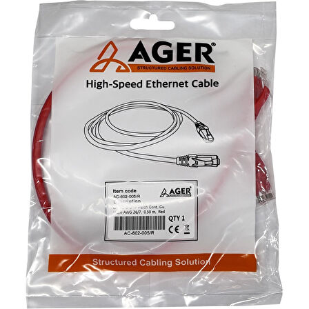 AGER AC-602-005 50CM UTP CAT6 PATCH KABLO KIRMIZI Cu, LSZH AWG 26/7