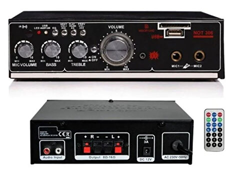 Notel Not-306 2X20W 4-8 Ohm Usb/Sd Girişli Bluetoothlu 2 Mikrofon Girişli Trafosuz Stereo Mini Anfi