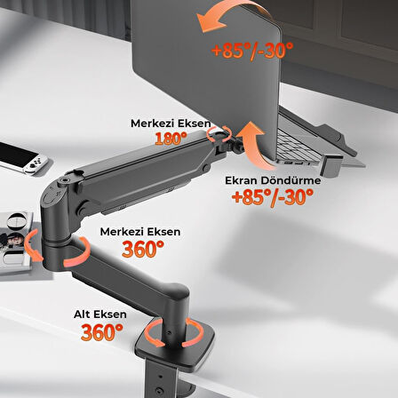 PowerMaster PM-252-J 13-32'' Amortisörlü Tek Kol Gaming Monitör Ofis Laptop Notebook Tutucu Masa Stand Askı Aparatı