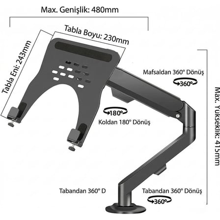 Powermaster PM-27096 Profesyonel Amortisörlü 2'si 1 Arada Laptop ve Monitör Standı
