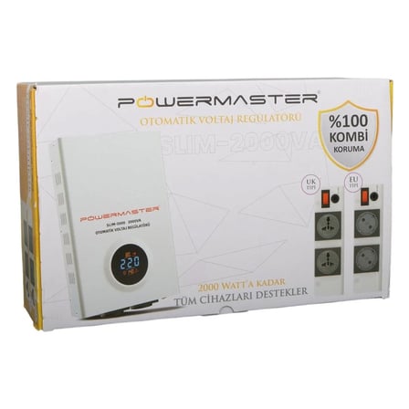 Powermaster SLIM-2000 Otomatik 2000VA Kombi Voltaj Regülatörü (İngiliz Fişli ve Evrensel Çoklu Soketli)