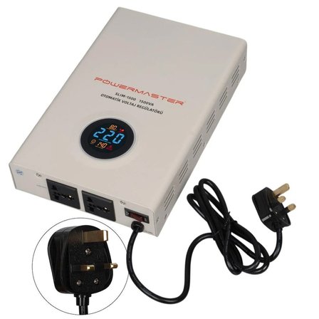 Powermaster SLIM-1500 Otomatik 1500VA Kombi Voltaj Regülatörü (İngiliz Fişli ve Evrensel Çoklu Soketli)