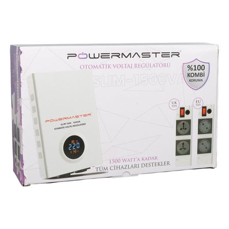 Powermaster SLIM-1500 Otomatik 1500VA Kombi Voltaj Regülatörü (İngiliz Fişli ve Evrensel Çoklu Soketli)