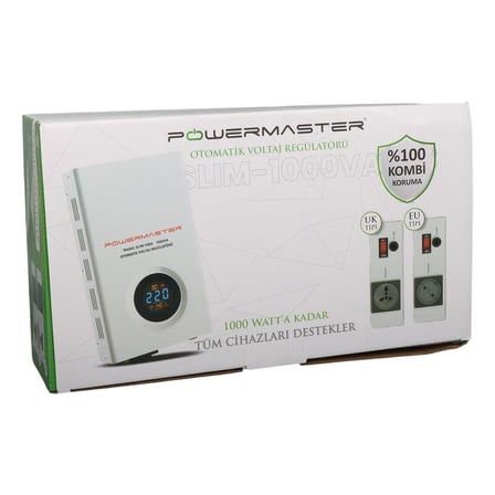 Powermaster SLIM-1000 Otomatik 1000VA Kombi Voltaj Regülatörü (İngiliz Fişli ve Evrensel Çoklu Soketli)