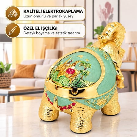 Sunup SN-38890 Fil Figürlü Dekoratif Küllük SU Yeşili İşlemeli Sürgülü