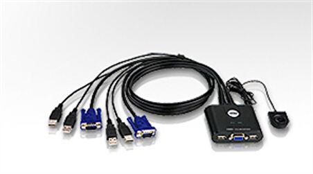 2 Port USB VGA KVM (Keyboard/Video Monitor/Mouse) Switch, Masaüstü Tip, KVM bağlantı kablosu ürüne gömülüdür
2-Port USB VGA Cable KVM Switch with Remote Port Selector 