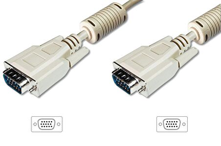 VGA Monitör Kablosu, DSUB 15 erkek  DSUB 15 erkek, 10 metre, CU, 3Coax/7C, AWG28, 2x ferrite filtreli, UL, bej renk