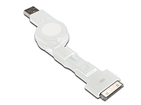 3 in 1 Makaralı Kablo, Apple 30 pin erkek + micro USB B erkek + mini USB B erkek  USB A erkek, 0.75 metre, AWG 30, USB 2.0, UL, beyaz renk