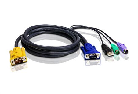 PS/2-USB KVM (Keyboard/Video Monitor/Mouse) Switch İçin Kablo, 3 metre, 1 x SPHD-15 Erkek  1 x Monitör 15 pin HDB erkek, 1 x Klavye 6 pin mini-DIN erkek, 1 x Mouse 6 pin mini-DIN erkek, 1 x Klavye / Mouse USB A erkek 