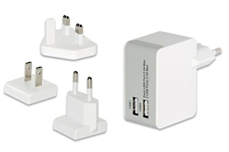 ednet Evrensel (EU/UK/US) Seyahat Şarj Seti , 2 x USB Port