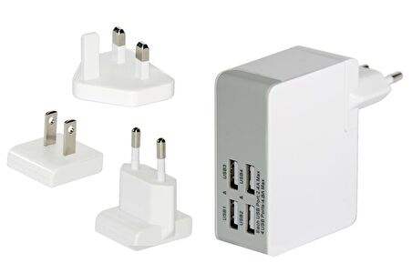 ednet Evrensel (EU/UK/US) Seyahat Şarj Seti , 4 x USB Port