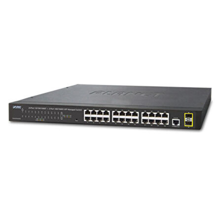 Yönetilebilir Gigabit Switch (Managed Gigabit Switch)
24-port 10/100/1000Base-T
2 x 100/1000BASE-X mini-GBIC/SFP yuva
1 x Konsol port
Reset düğmesi (sistem fabrika ayarlarına dönmek için)