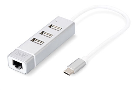 Digitus 3 port USB Tip C Hub &amp; Fast Ethernet LAN Adaptörü, 3 x USB A/Diş (USB 2.0), 1 x RJ45 Dişi (10/100), 1 x USB Tip C (bilgisayar bağlantısı), alüminyum
Digitus USB Type-C™ 3-Port Hub + Fast Ethernet LAN Adapter