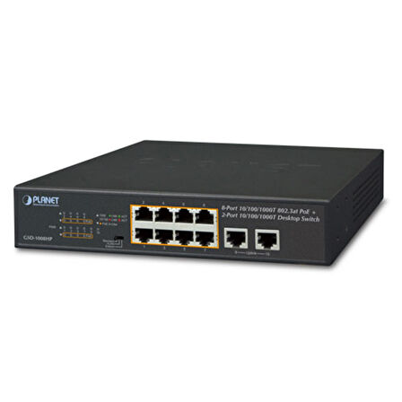 Yönetilemeyen Masaüstü Tip Switch (Unmanaged Desktop Switch)
8-Port 10/100/1000T IEEE 802.3 at/af PoE+ Injector (Port başına 30.8 watt) (PoE Güç Bütçesi maks. 120 Watt)
2-Port 10/100/1000T