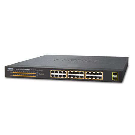Yönetilemeyen Switch (Unmanaged Switch) 
24-Port 10/100/1000T 802.3at/af PoE+ Injector (Port başına 30.8 watt) (PoE Güç Bütçesi maks. 220 watt)
2 x 1000Base-X mini-GBIC/SFP yuva