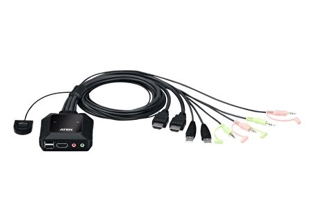 2 Port USB 4K KVM (Keyboard/Video Monitor/Mouse) Switch, Masaüstü Tip, KVM bağlantı kablosu ürüne gömülüdür, Remote Port Selector ile birlikte
2-Port USB 4K HDMI Cable KVM Switch with Remote Port Selector