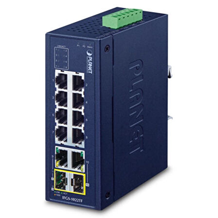 Endüstriyel Tip Yönetilemeyen Ethernet Switch (Industrial Unmanaged Ethernet Switch)
8 x 10/100BASE-TX port (Port 1-8)
2 x 10/100/1000BASE-T port (Port 9-10)
2 x 1000BASE-SX/LX/BX SFP yuvası (Port 9-10 ile paylaşımlı)