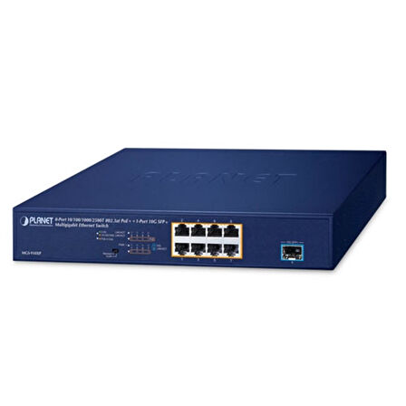 Yönetilemeyen Gigabit PoE Switch (Unmanaged Gigabit PoE Switch)
8-Port 10/100/1000/2500T 802.3at PoE+ (Port başına 32 watt) (PoE Güç Bütçesi maks. 120 Watt)
1-Port 10GBASE-X SFP+ yuva