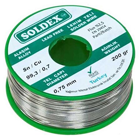 SOLDEX KURŞUNSUZ 0.75MM 200 GRAM LEHİM TELİ SN99.3/CU 0.7