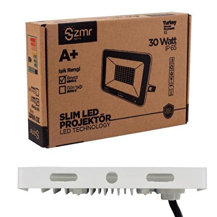 ZMR 30 WATT - 220 VOLT 6500K IP65 150* IŞIK AÇISI BEYAZ SLİM KASA LED PROJEKTÖR