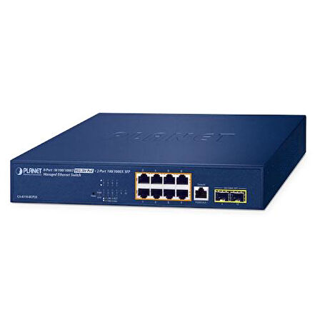 Yönetilebilir Ethernet Switch (Managed Ethernet Switch)
8-Port 10/100/1000T 802.3bt PoE++ Injector Port (Port başına 60 watt) (PoE Güç Bütçesi maks. 180 Watt) (Port 1 ila 8 arası maksimum 95 watt)
2-Port 100/1000X SFP