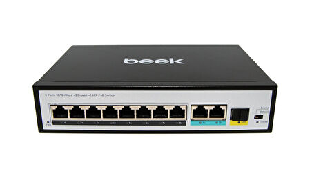 Beek Yönetilemeyen PoE+ Switch
8 x 10/100BASE-T IEEE802.3af/at PoE+ port (Port başına 30.8 watt) (PoE Güç Bütçesi maks. 120 Watt)
2 x 10/100/1000BASE-T port (combo)
1 x 1000 Base-X SFP yuva (combo)
4KV ESD