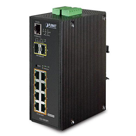 Endüstriyel Tip Yönetilebilir Switch (Industrial Managed Switch)
8-Port 10/100/1000Base-TX IEEE 802.3at/af PoE Injector (Port başına 36 watt) (PoE Güç Bütçesi maks. 240 watt)
2-Port 1000BASE-SX/LX/BX SFP/mini-GBIC yuva (Port-9 ve Port-