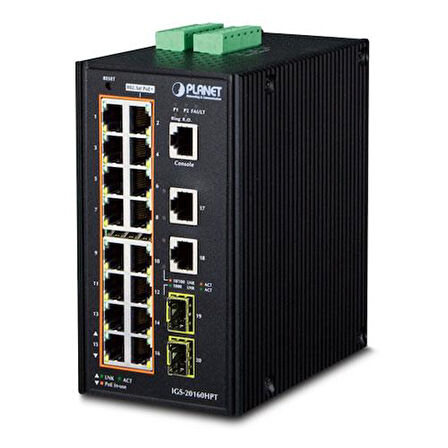 Endüstriyel Tip Yönetilebilir Ethernet Switch (Industrial Managed Ethernet Switch)
16-Port 10/100/1000Base-TX IEEE 802.3at/af PoE+ Injector (Port başına 30.8 watt) (PoE Güç Bütçesi maks. 320 watt)
2-Port 10/100/1000Base-TX RJ-45