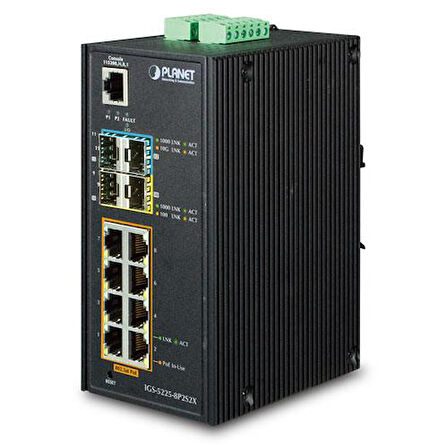 Endüstriyel Tip Yönetilebilir Ethernet Switch (Industrial Managed Ethernet Switch)
Basic L3
8-Port 10/100/1000Base-T RJ45 with IEEE 802.3at/af PoE+ Injector (Port başına 30.8 watt) (PoE Güç Bütçesi maks. 240 watt)
2 x 1000BAS
