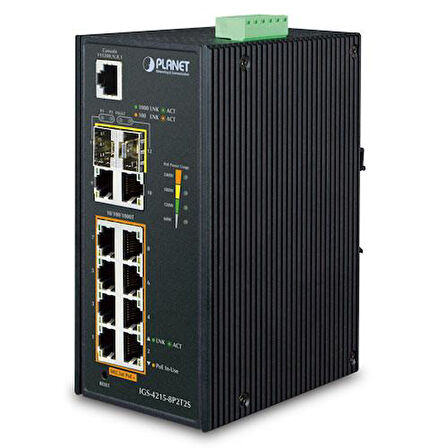Endüstriyel Tip Yönetilebilir Ethernet Switch (Industrial Managed Ethernet Switch)
8-Port 10/100/1000Base-TX 802.3at/af PoE+ Injector (Port başına 30.8 watt) (PoE Güç Bütçesi maks. 240 watt) (Port-1 ve Port-8 arası)
2-Port 10/100/1000T