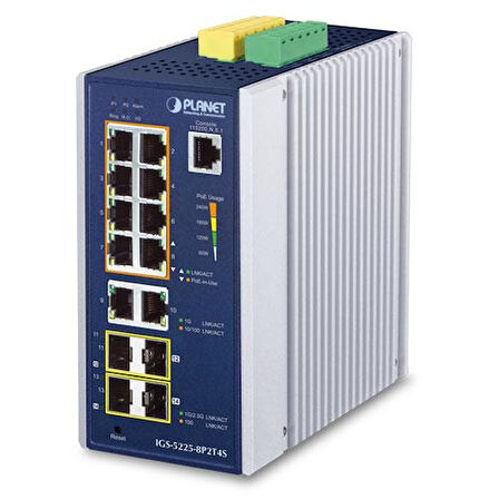 Endüstriyel Tip Yönetilebilir Gigabit PoE Switch (Industrial Managed Gigabit PoE Switch)
Basic L3
8 x 10/100/1000T 802.3at PoE+ Injector (Port-1 ile Port-8 arası) (Port başına 36 watt) (PoE Güç Bütçesi maks. 240 watt)
2 x 10/