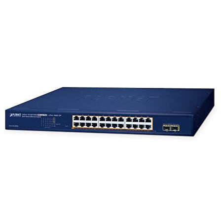Layer 2 Web Smart Ethernet Switch
24-Port 10/100/1000T IEEE802.3af/at PoE+ port (Port başına 30.8 watt) (PoE Güç Bütçesi maks. 260 Watt)
2-Port 1000X SFP yuva
24-Port 10/100/1000T 802.3at PoE + 2-Port 1000X SFP Web Smart Ethe