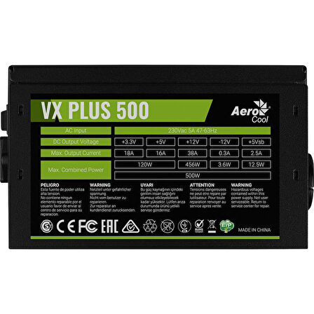 AEROCOOL AE-VXP500A VX PLUS 500W 38A 12V AKTİF PFC GÜÇ KAYNAĞI