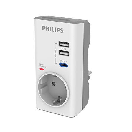 PHILIPS CHP8010W TEKLİ AKIM KORUMA PRİZ, 380J, 2X USB-A OUT, 1X USB-C OUT (PD - QC 3.0) BEYAZ