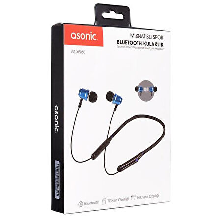 Asonic AS-XBK65 Siyah/Mavi Boyun Askılı Mıknatıslı Bluetooth  TF Kart Spor Kulak içi Kulaklık