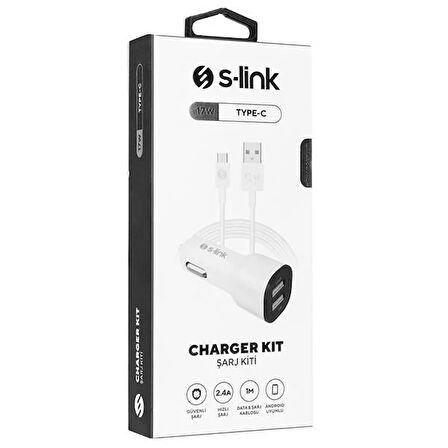 S-link SL-EC30T Type-C Kablolu 3.4A 2 USB Beyaz Araç Şarj Cihazı