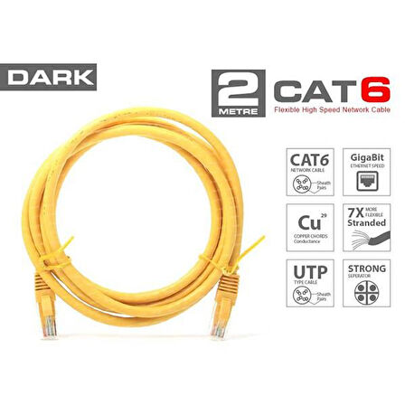 Dark Dk-Cb-Nt6u200y 2Mt Utp Cat6 Patch Kablo Sarı Awg24/7