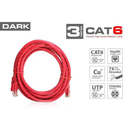 Dark Dk-Cb-Nt6u300r 3Mt Utp Cat6 Patch Kablo Kırmızı Awg24/7