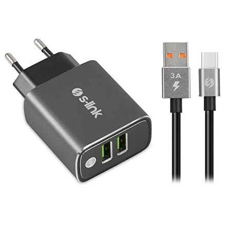 S-link Swapp SW-EHT36M 2 USB, 3.1A Metal Ev Sarj Cihazı ve Type-C Data + Sarj Kablosu