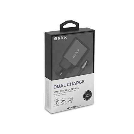 S-link Swapp SW-EHT36M 2 USB, 3.1A Metal Ev Sarj Cihazı ve Type-C Data + Sarj Kablosu