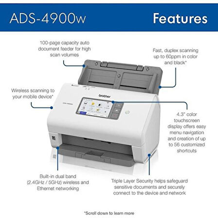 BROTHER A4 ADS-4900W 60PPM Dokuman Tarayıcı Kablosuz