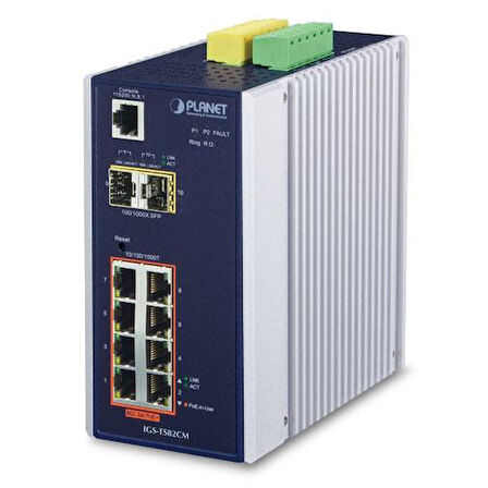 L2+ Endüstriyel Yönetilebilir Switch (L2+ Industrial Managed Ethernet Switch)
8-Port 10/100/1000T 802.3at/af PoE+ Injector (Port başına 30.8 watt) (PoE Güç Bütçesi maks. 240 watt)
2-port 1G/2.5G SFP (2-Port 100/1000X SFP (Port-9 ve Por
