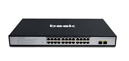 Beek L2 Web Smart Switch
24 x 10/100/1000Mbps IEEE802.3af/at PoE+ port (Port başına 30.8 watt) (PoE Güç Bütçesi maks. 300 Watt)
2 x 1000Base-X SFP yuva (1.25Gbps SFP Uplink port) (combo)
6KV surge koruması
Beek 24 P