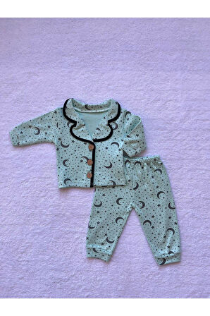 Ay ve Yıldız Desenli Bebek Pijama Takımı - 6-9-12 Ay