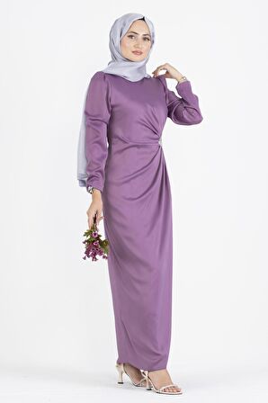 Beli Taşlı Saten Abiye-Lila